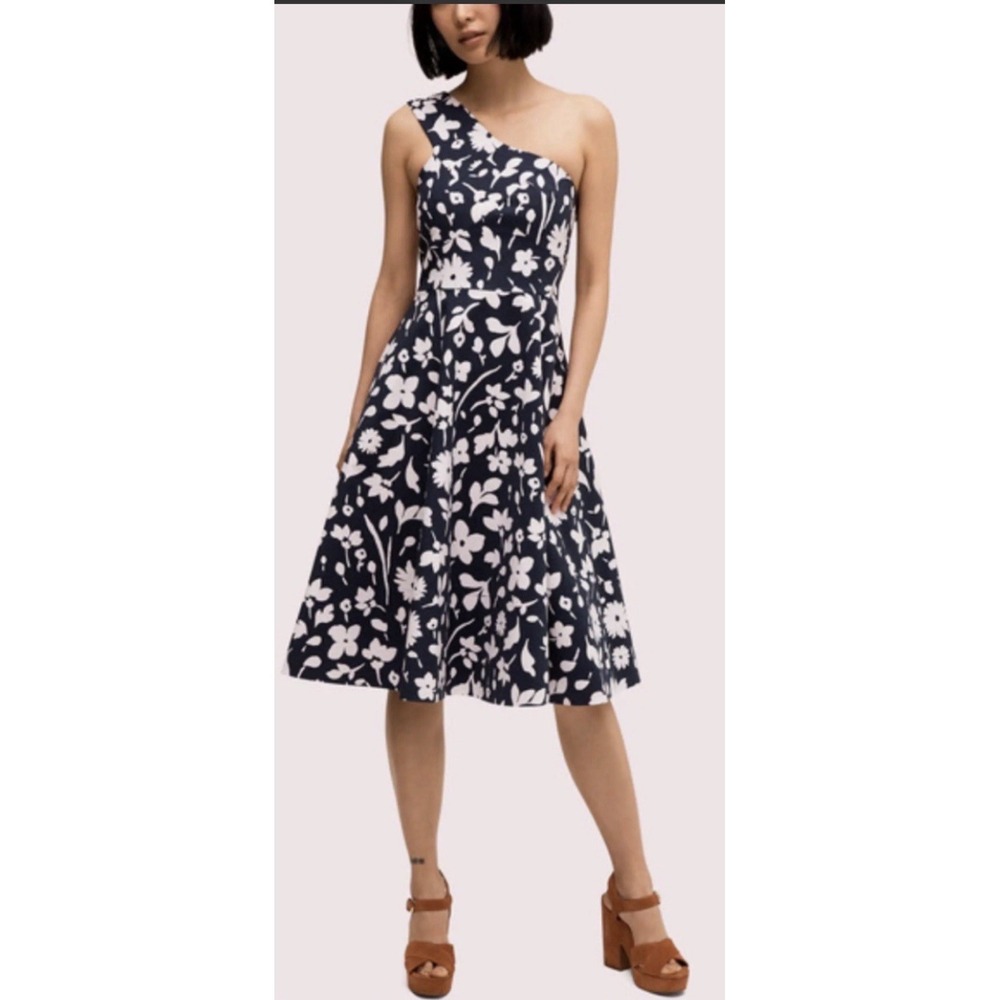 Kate Spade Splash navy and white floral midi dress one-shoulder design Size 2